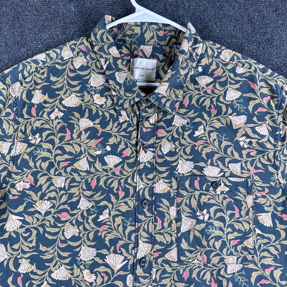 American Eagle Flex Mens XXL Short Sleeve Button Up Shirt Floral Teal Pink Green - Picture 4 of 14
